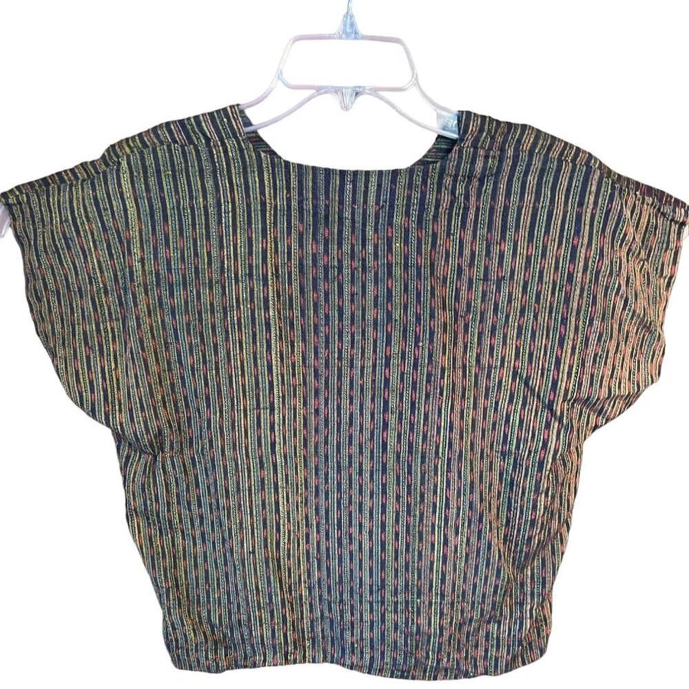 Multicolor Woven Striped Short Sleeve Blouse With Button Detail Large 6b